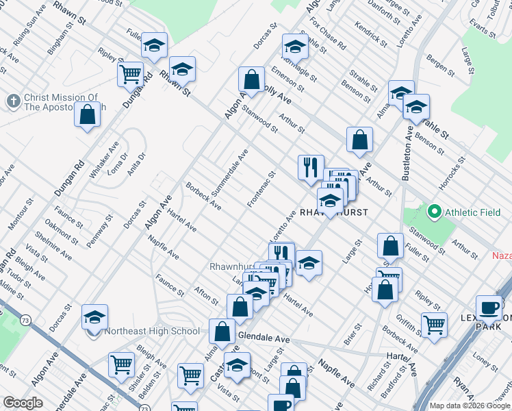 map of restaurants, bars, coffee shops, grocery stores, and more near 7916 Frontenac Street in Philadelphia