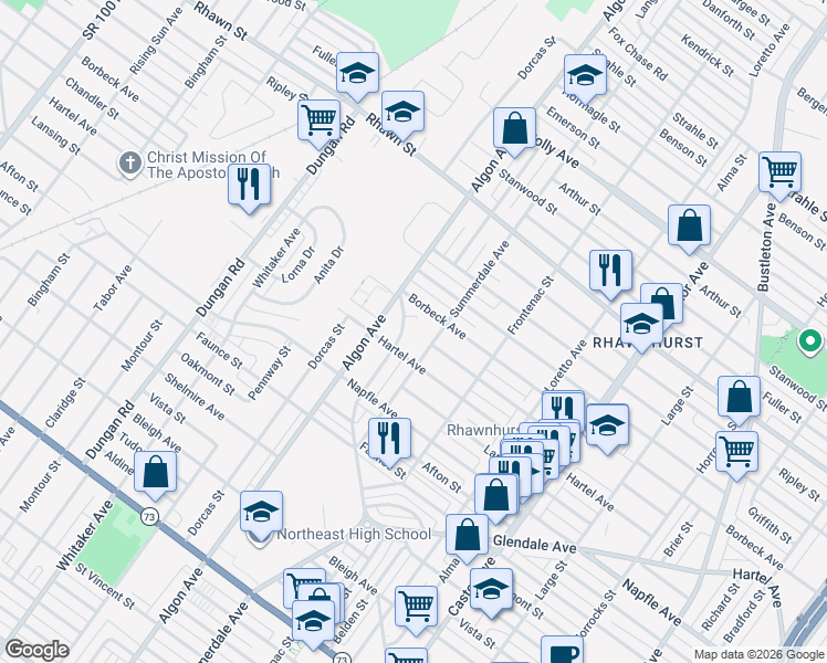 map of restaurants, bars, coffee shops, grocery stores, and more near 7822 Summerdale Avenue in Philadelphia