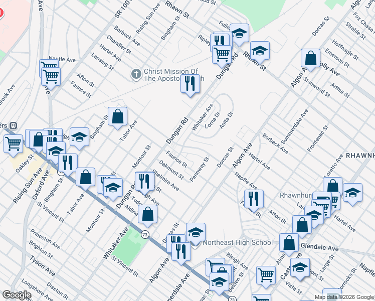 map of restaurants, bars, coffee shops, grocery stores, and more near 1402 Napfle Avenue in Philadelphia