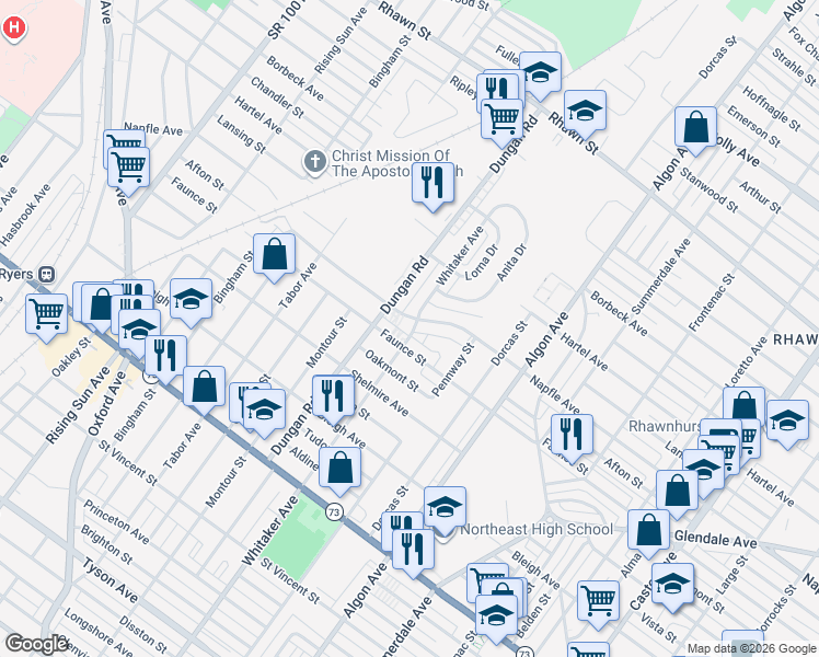 map of restaurants, bars, coffee shops, grocery stores, and more near 1402 Napfle Avenue in Philadelphia