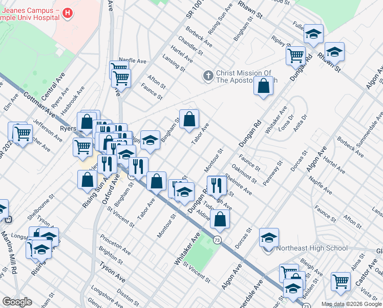 map of restaurants, bars, coffee shops, grocery stores, and more near 7427 Tabor Avenue in Philadelphia