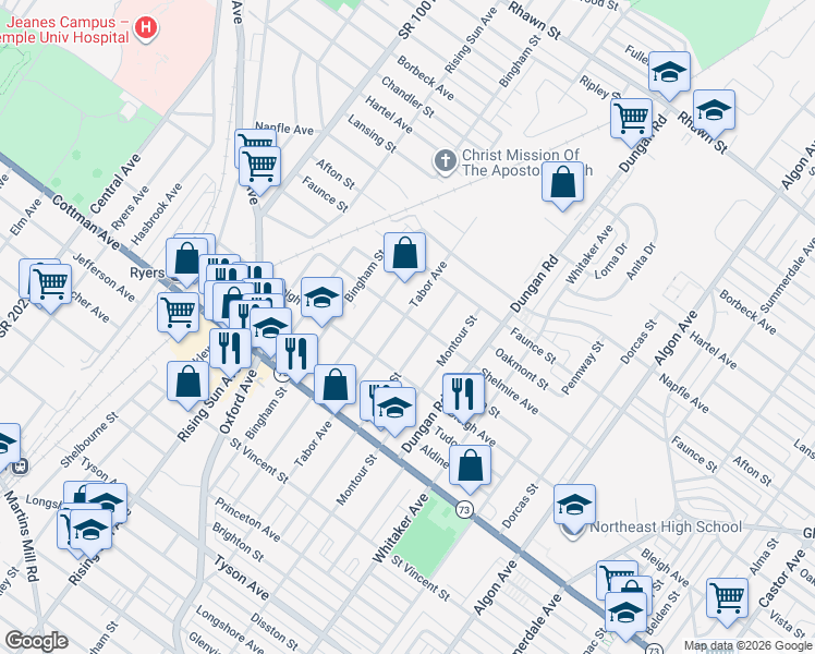 map of restaurants, bars, coffee shops, grocery stores, and more near 7427 Tabor Avenue in Philadelphia