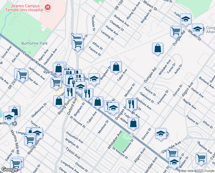 map of restaurants, bars, coffee shops, grocery stores, and more near 7417 Lawndale Avenue in Philadelphia