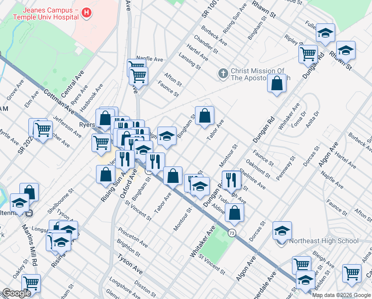 map of restaurants, bars, coffee shops, grocery stores, and more near 7409 Lawndale Avenue in Philadelphia