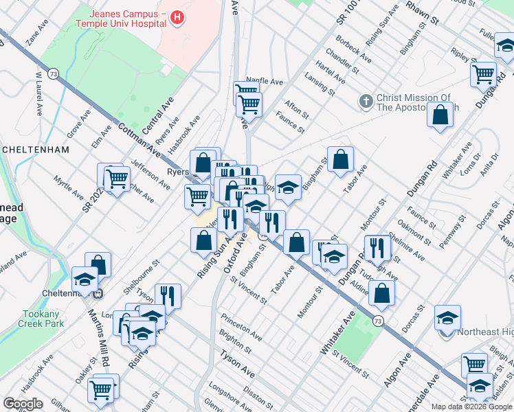 map of restaurants, bars, coffee shops, grocery stores, and more near 7330 Palmetto Street in Philadelphia