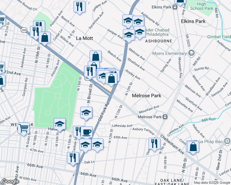 map of restaurants, bars, coffee shops, grocery stores, and more near in Elkins Park