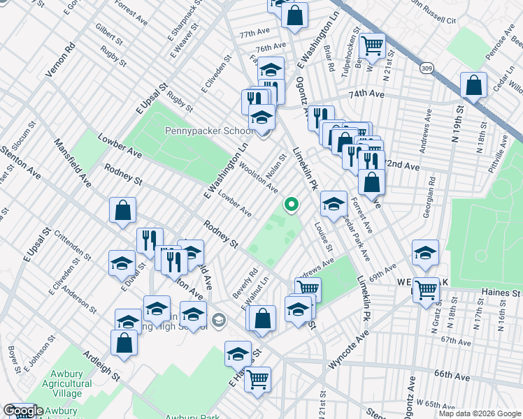map of restaurants, bars, coffee shops, grocery stores, and more near 1713 Wynsam Street in Philadelphia