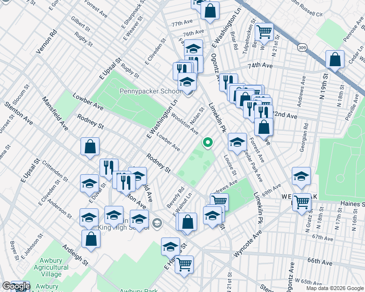 map of restaurants, bars, coffee shops, grocery stores, and more near 1713 Wynsam Street in Philadelphia