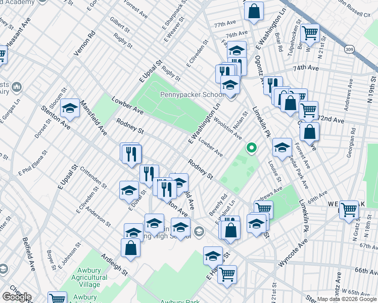map of restaurants, bars, coffee shops, grocery stores, and more near 1627 Mayland Street in Philadelphia
