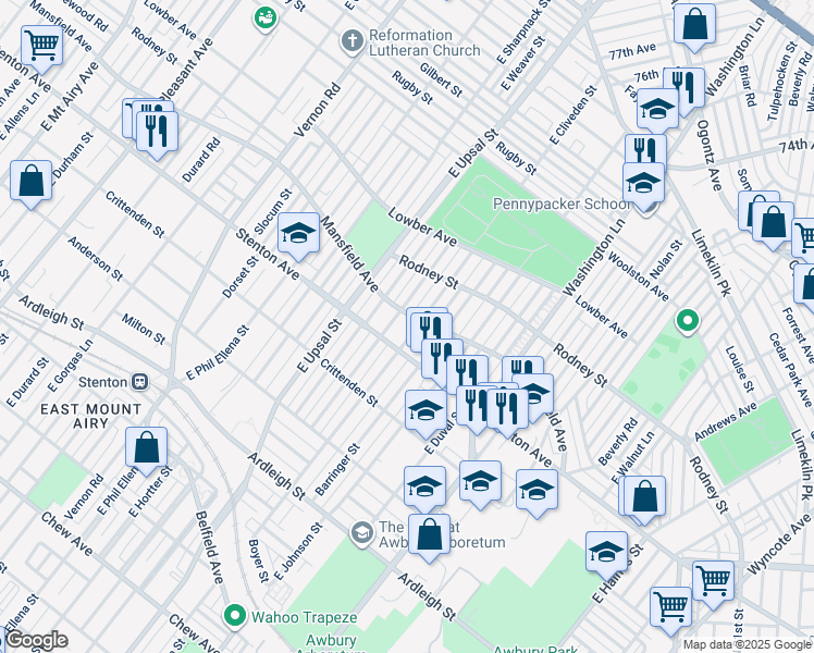 map of restaurants, bars, coffee shops, grocery stores, and more near 1409 East Cliveden Street in Philadelphia