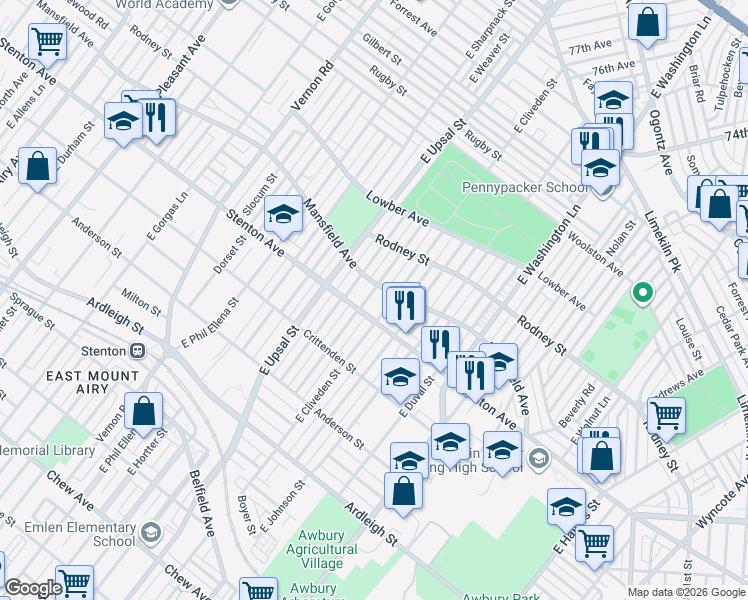 map of restaurants, bars, coffee shops, grocery stores, and more near 1412 East Cliveden Street in Philadelphia