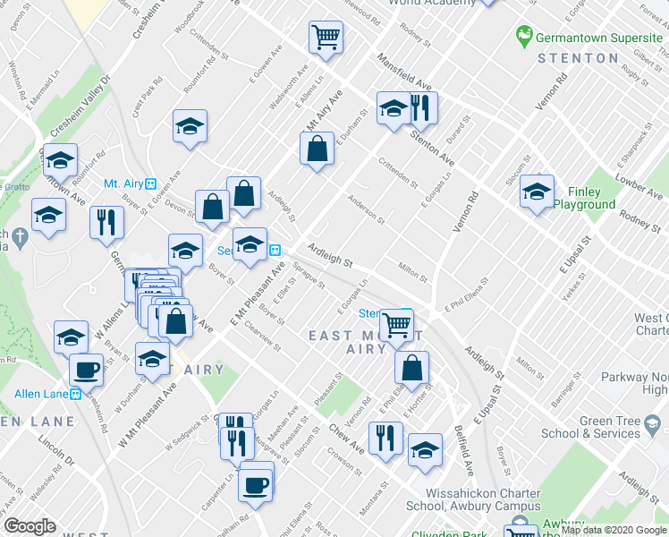 map of restaurants, bars, coffee shops, grocery stores, and more near 7001 Sprague Street in Philadelphia