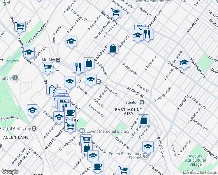 map of restaurants, bars, coffee shops, grocery stores, and more near 7001 Sprague Street in Philadelphia