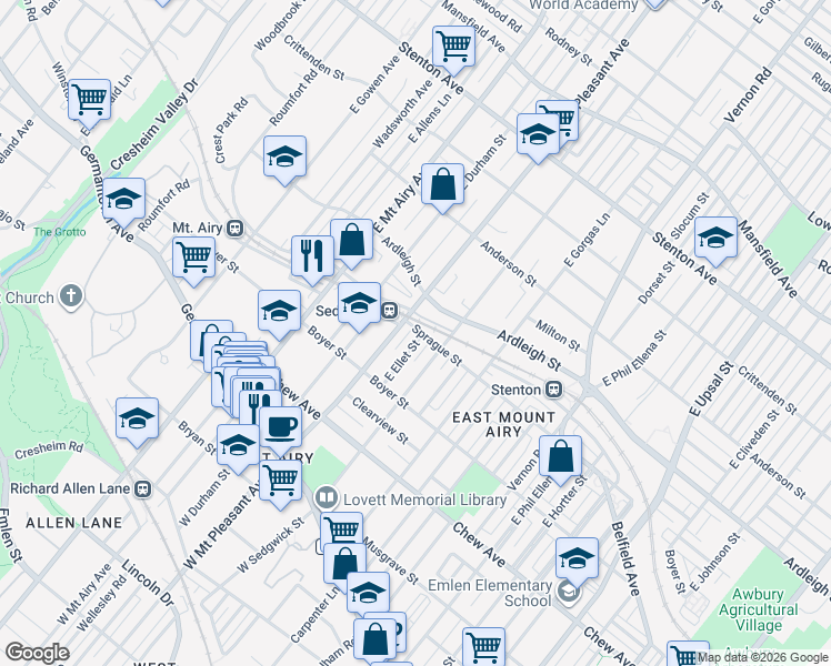 map of restaurants, bars, coffee shops, grocery stores, and more near 237 East Ellet Street in Philadelphia