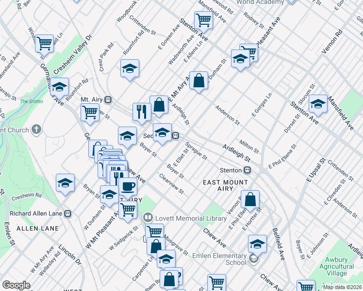 map of restaurants, bars, coffee shops, grocery stores, and more near 237 East Ellet Street in Philadelphia