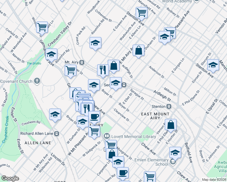 map of restaurants, bars, coffee shops, grocery stores, and more near 230 East Durham Street in Philadelphia