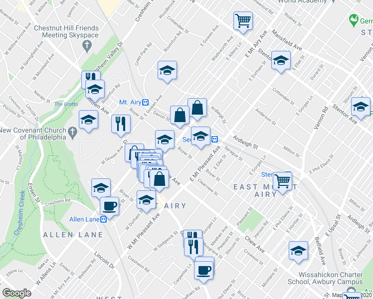 map of restaurants, bars, coffee shops, grocery stores, and more near 7133 Boyer Street in Philadelphia