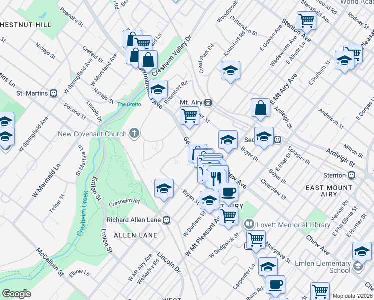 map of restaurants, bars, coffee shops, grocery stores, and more near 35 West Gowen Avenue in Philadelphia