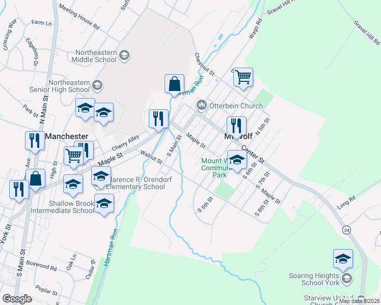map of restaurants, bars, coffee shops, grocery stores, and more near 143 South Second Street in Mount Wolf