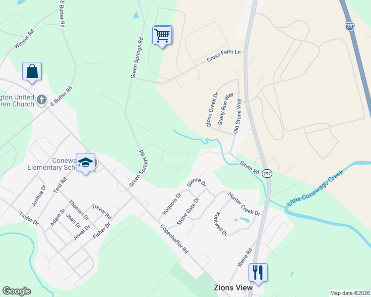 map of restaurants, bars, coffee shops, grocery stores, and more near 130 Smith Road in York