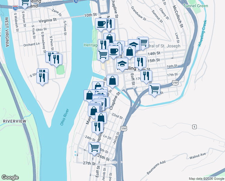 map of restaurants, bars, coffee shops, grocery stores, and more near 1900 Market Street in Wheeling