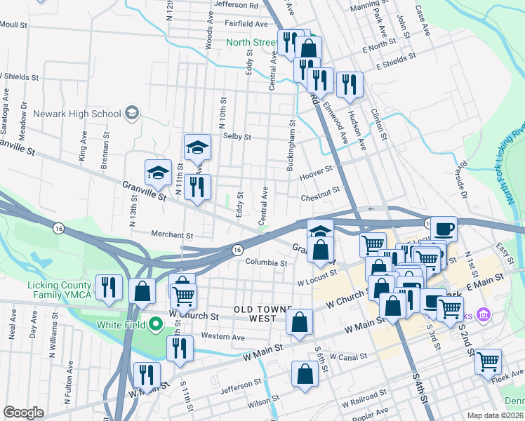 map of restaurants, bars, coffee shops, grocery stores, and more near 1-2 Eddy Street in Newark