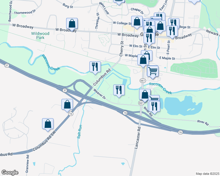map of restaurants, bars, coffee shops, grocery stores, and more near 1500 Weaver Drive in Granville