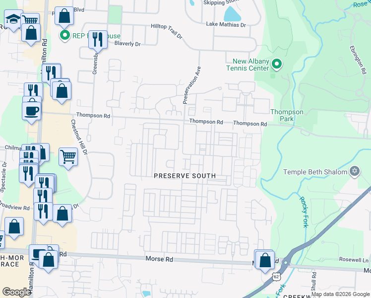 map of restaurants, bars, coffee shops, grocery stores, and more near 4044 Lavender Ridge Drive in Columbus