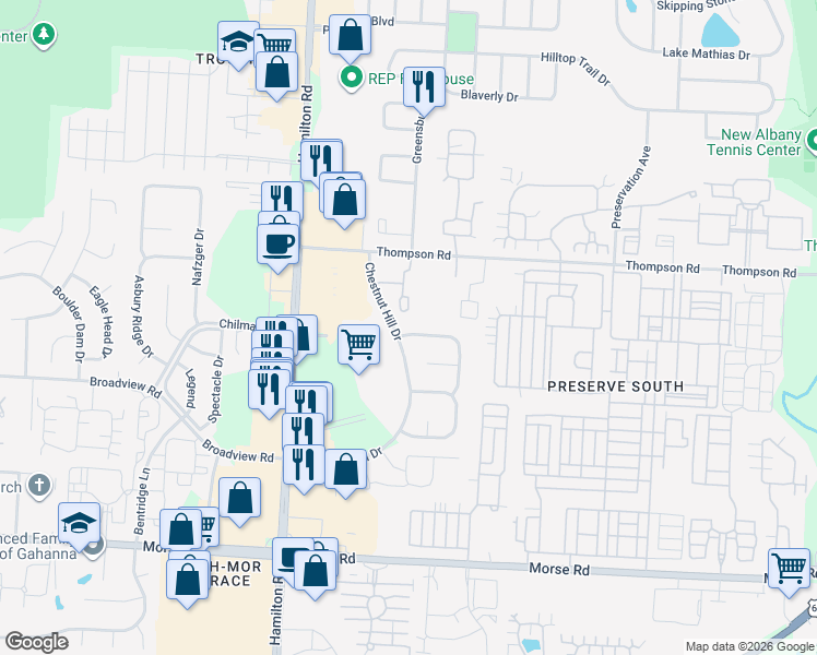 map of restaurants, bars, coffee shops, grocery stores, and more near 4154 Pathfield Drive in Columbus