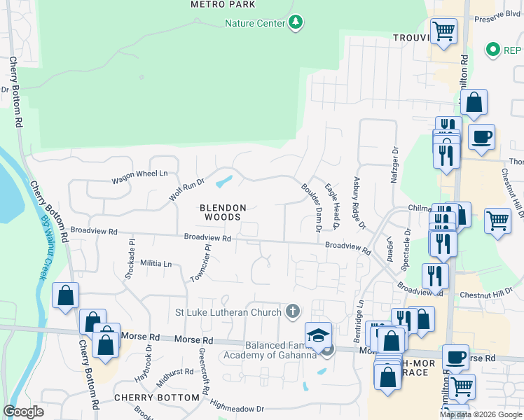 map of restaurants, bars, coffee shops, grocery stores, and more near 5485 Woodville Court in Columbus