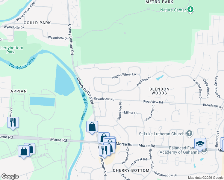 map of restaurants, bars, coffee shops, grocery stores, and more near 5164 Wolf Run Drive in Columbus