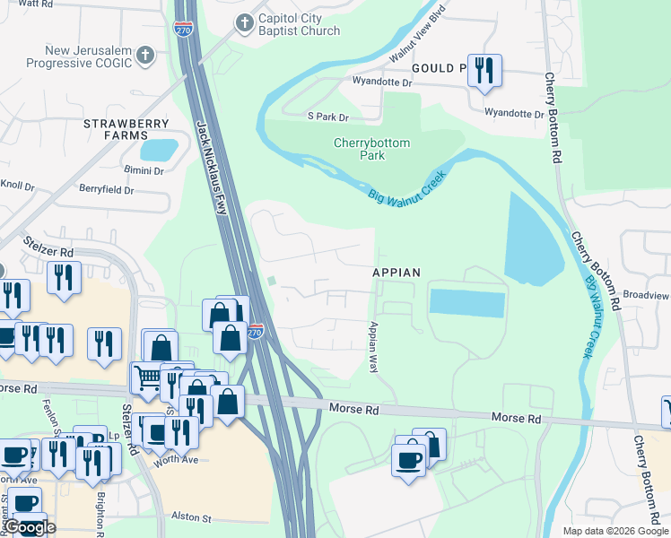 map of restaurants, bars, coffee shops, grocery stores, and more near 4289 Camden Passage Drive in Columbus