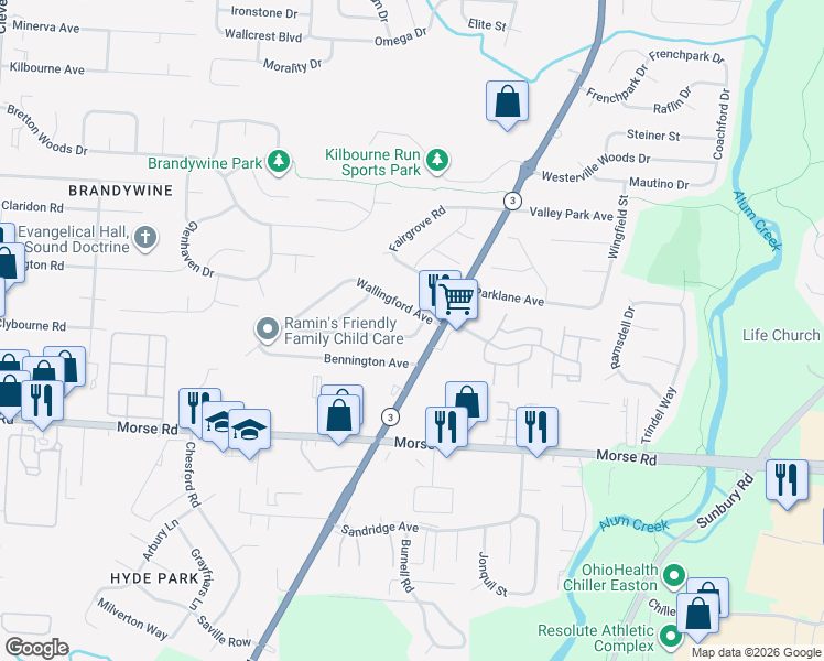 map of restaurants, bars, coffee shops, grocery stores, and more near 3098 Glenshaw Avenue in Columbus