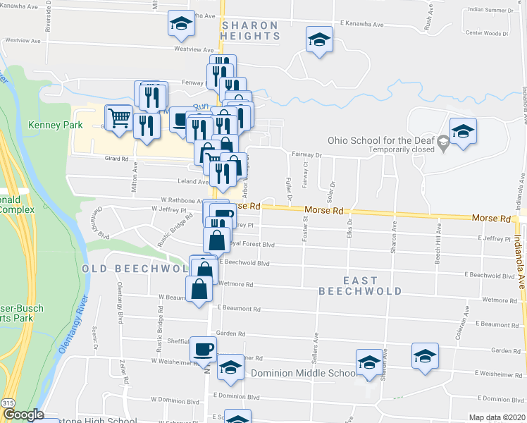 map of restaurants, bars, coffee shops, grocery stores, and more near 115 Morse Road in Columbus
