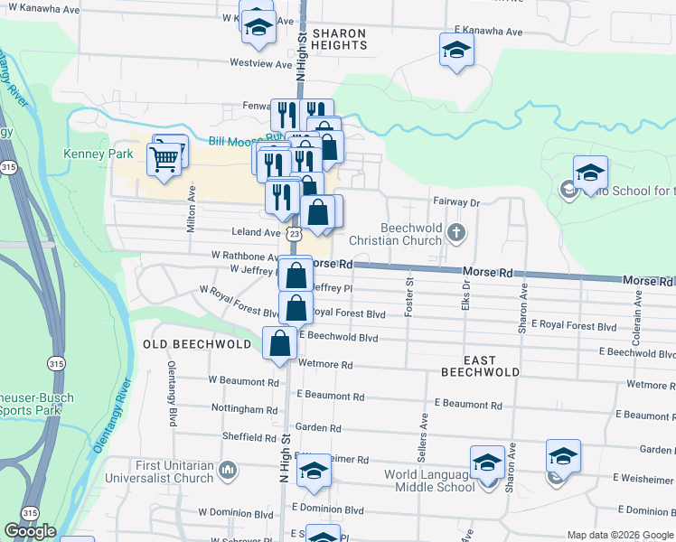 map of restaurants, bars, coffee shops, grocery stores, and more near 69 Morse Road in Columbus