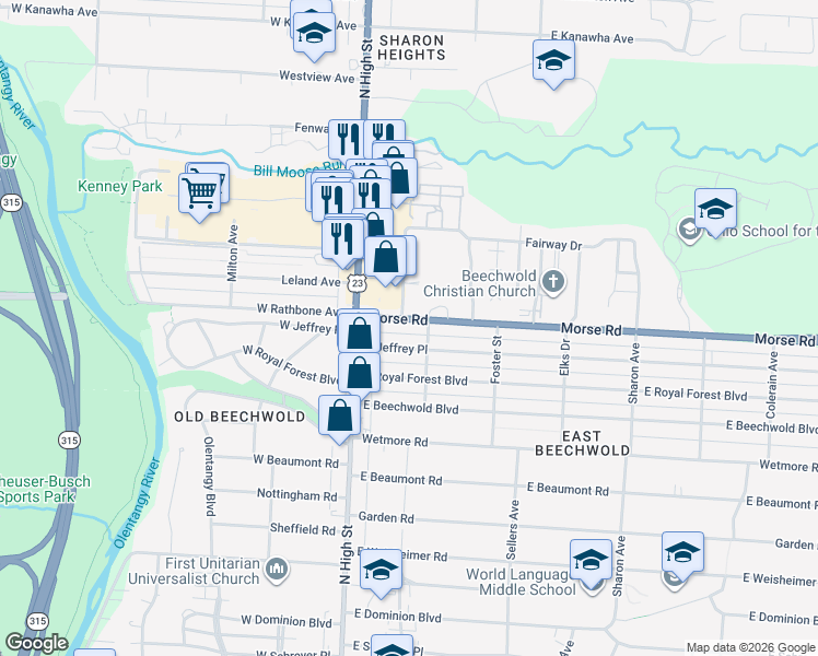 map of restaurants, bars, coffee shops, grocery stores, and more near 69 Morse Road in Columbus