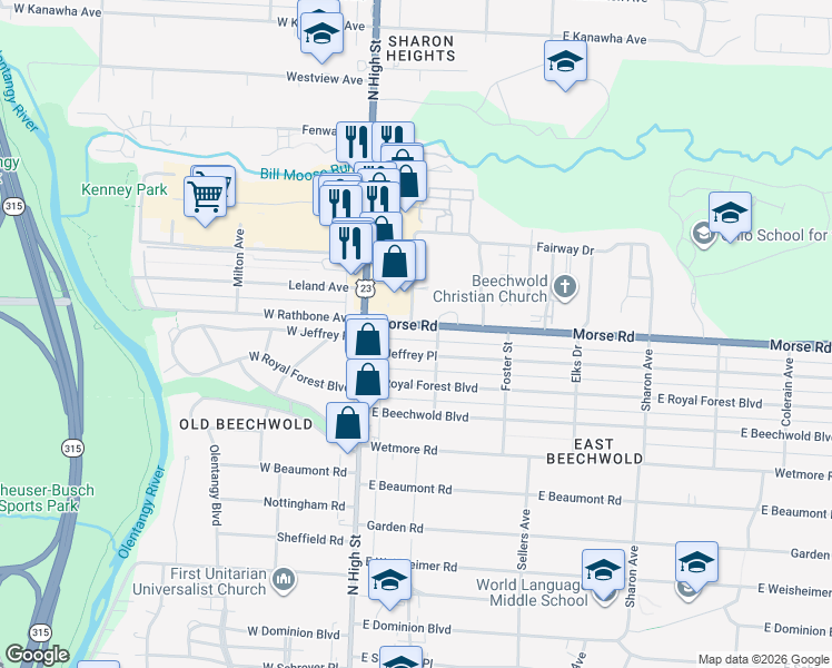 map of restaurants, bars, coffee shops, grocery stores, and more near 69 Morse Road in Columbus