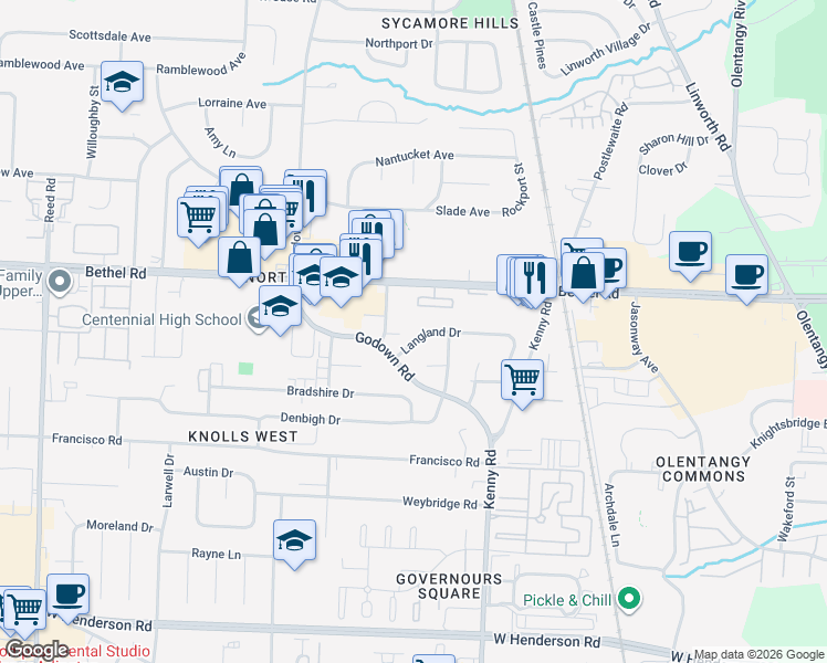 map of restaurants, bars, coffee shops, grocery stores, and more near 1234 Langland Drive in Columbus