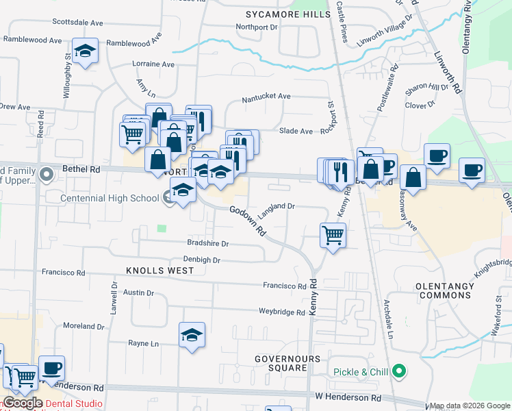 map of restaurants, bars, coffee shops, grocery stores, and more near 5048 Godown Road in Columbus