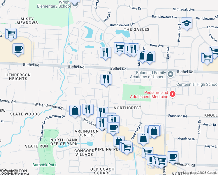 map of restaurants, bars, coffee shops, grocery stores, and more near 5100 Dierker Road in Columbus