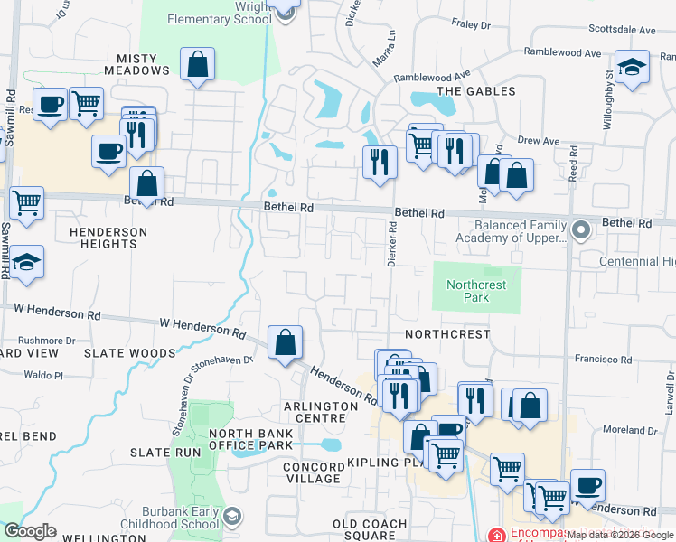 map of restaurants, bars, coffee shops, grocery stores, and more near 2228 Burgoyne Court in Columbus