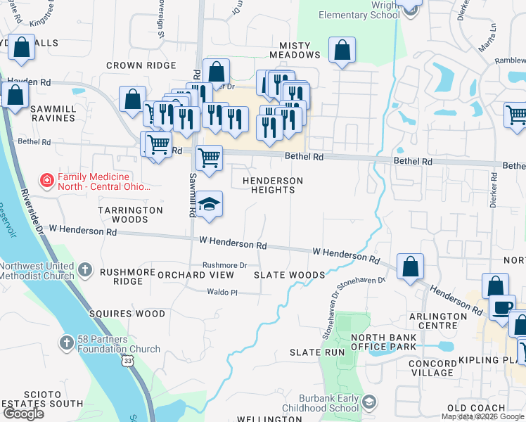 map of restaurants, bars, coffee shops, grocery stores, and more near 5211 Slatey Hollow in Columbus