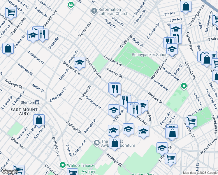 map of restaurants, bars, coffee shops, grocery stores, and more near 1409 East Cliveden Street in Philadelphia