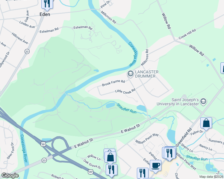map of restaurants, bars, coffee shops, grocery stores, and more near 261 Little Creek Rd in Lancaster