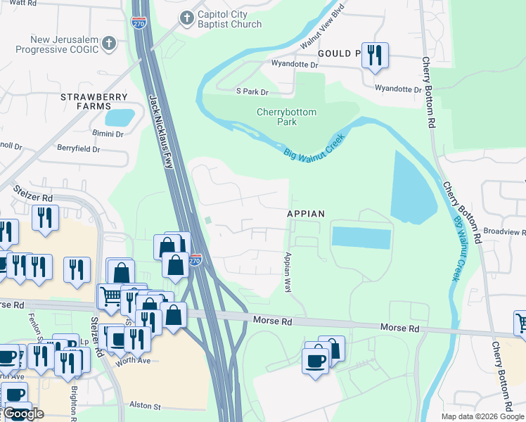 map of restaurants, bars, coffee shops, grocery stores, and more near 4289 Camden Passage Drive in Columbus