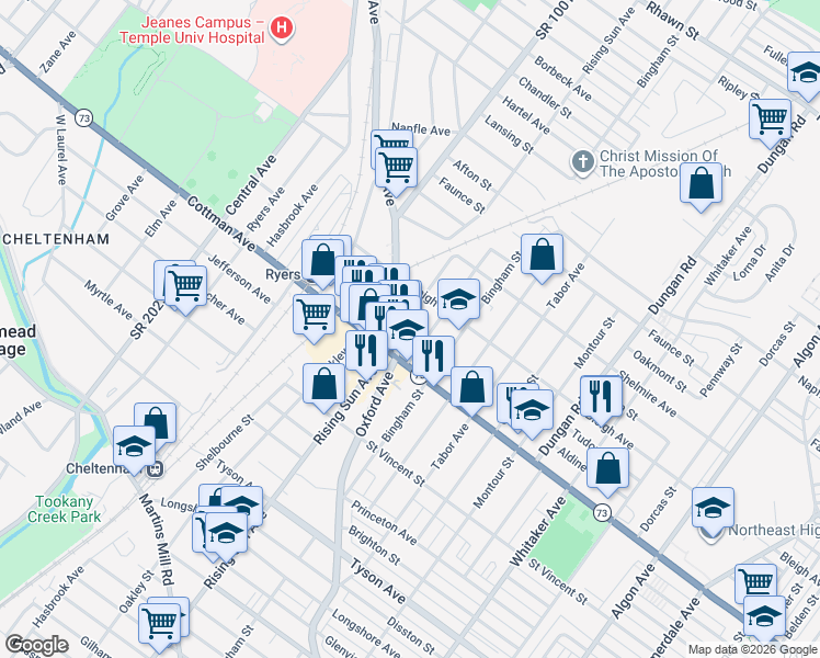 map of restaurants, bars, coffee shops, grocery stores, and more near 7330 Palmetto Street in Philadelphia