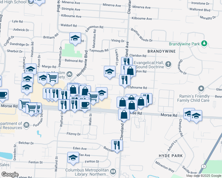 map of restaurants, bars, coffee shops, grocery stores, and more near 4549 Northland Square Drive East in Columbus