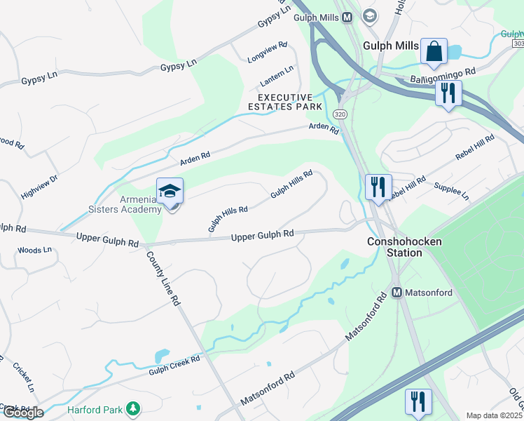 map of restaurants, bars, coffee shops, grocery stores, and more near 270 Gulph Hills Road in Wayne