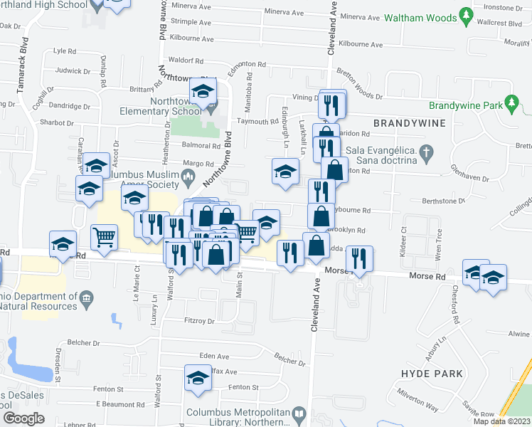 map of restaurants, bars, coffee shops, grocery stores, and more near 4556 Northland Square Drive West in Columbus