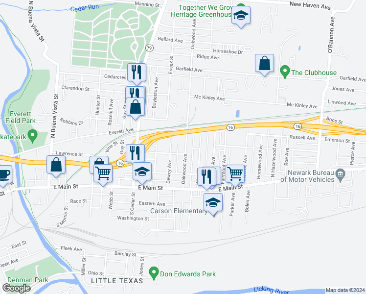 map of restaurants, bars, coffee shops, grocery stores, and more near 97 Oakwood Avenue in Newark